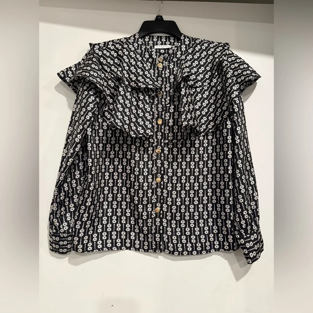Sandro Paris Silk Printed Ruffled Blouse Size 0 US2 - Picture 2 of 8